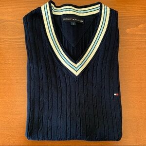 Tommy Hilfiger Blue V-Neck Sweater Cable-Knit